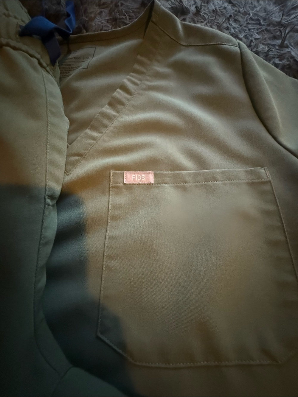 FIGS Olive V-Neck Scrub Top with Single Chest Pocket and scrub joggers